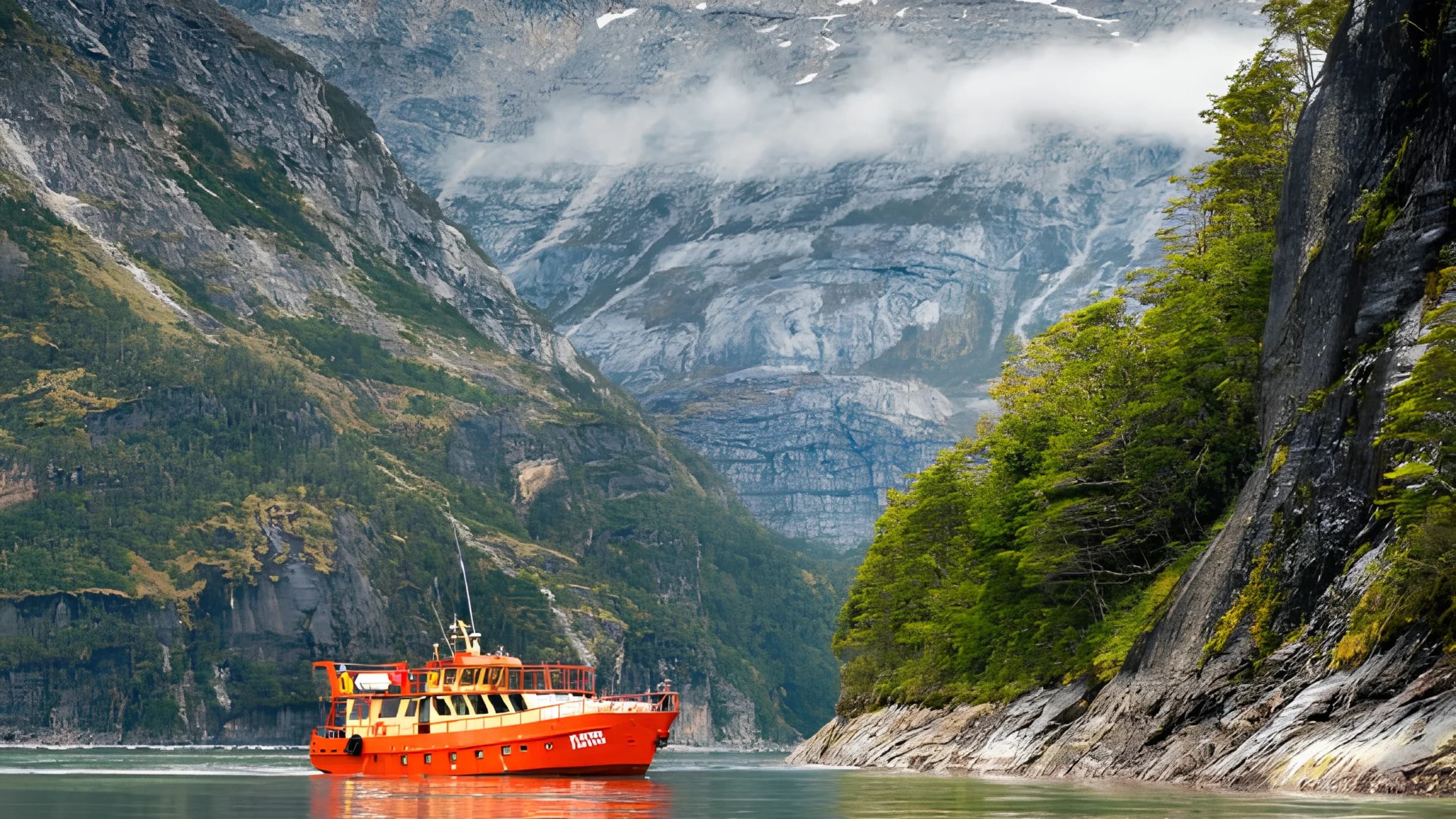 Paisaje austral de Tierra del Fuego con montañas nevadas y canales